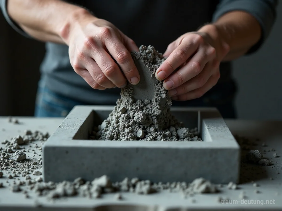 Hand gießt flüssigen Beton in eine Form, um eine feste Struktur zu schaffen.