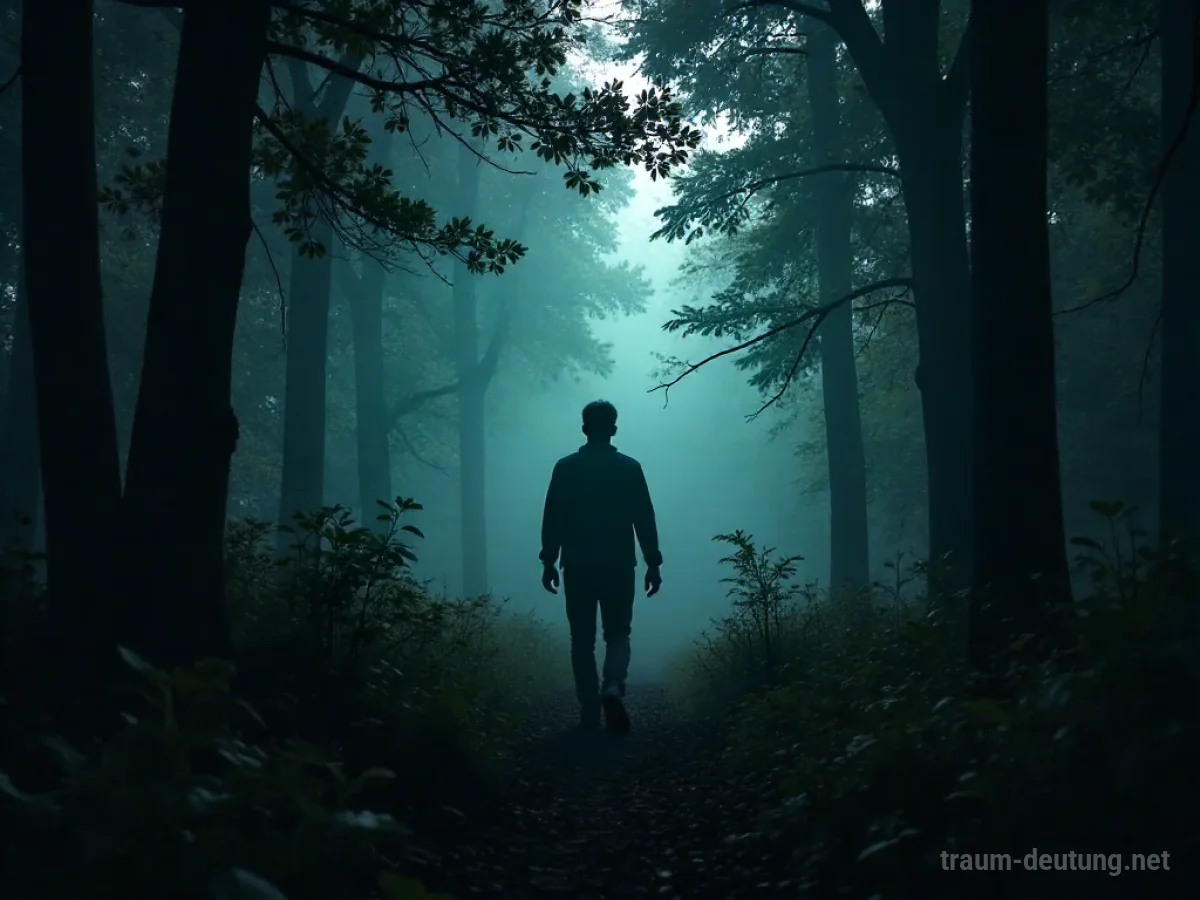 Silhouette einer Person, die durch einen dunklen Wald schleicht, auf der Suche nach Beute.