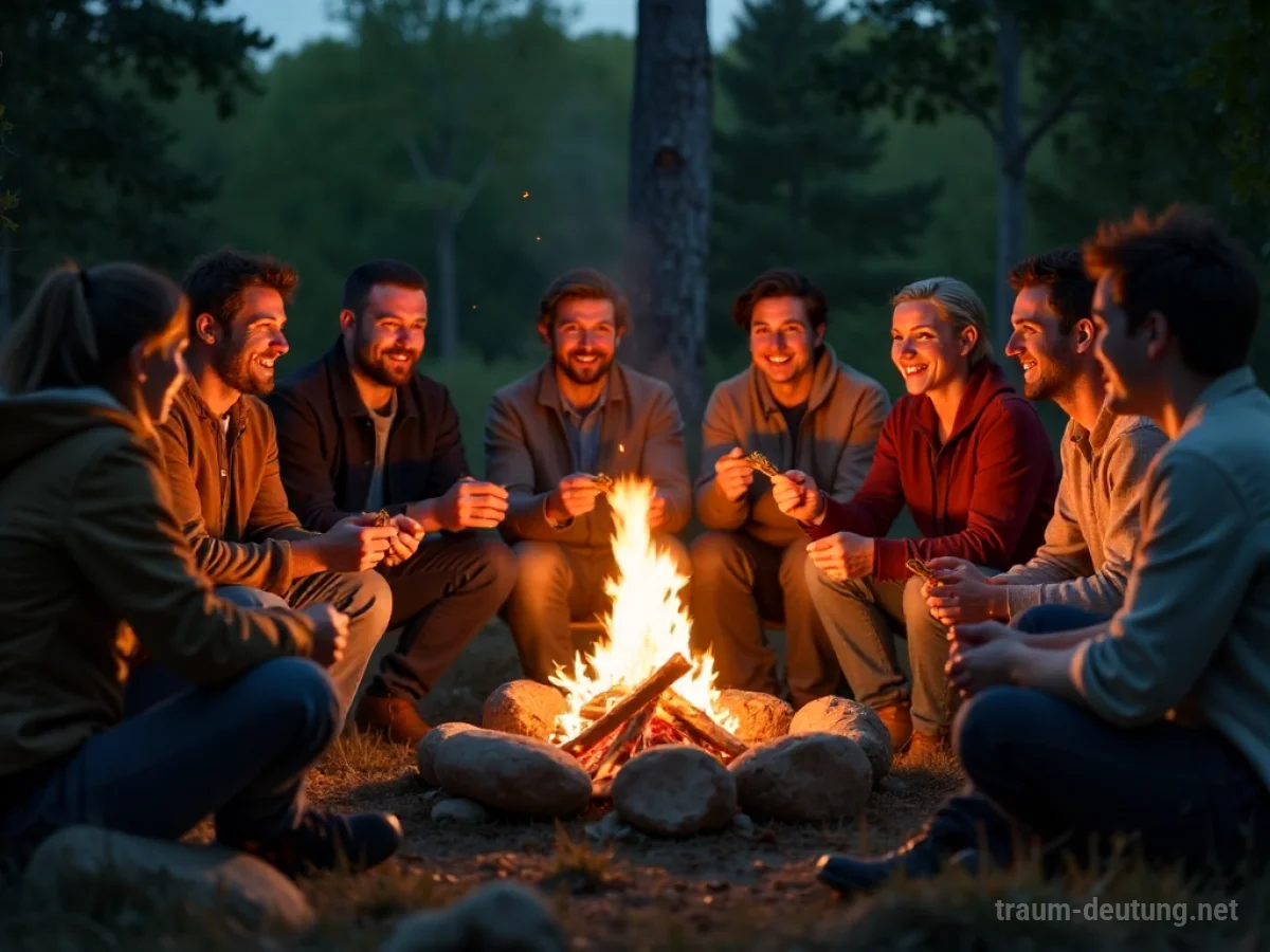 Menschen teilen Beute am Lagerfeuer