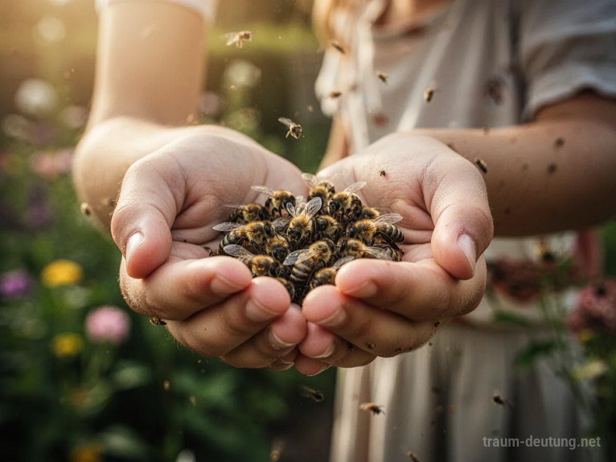 Hände halten vorsichtig Bienen in einem Garten