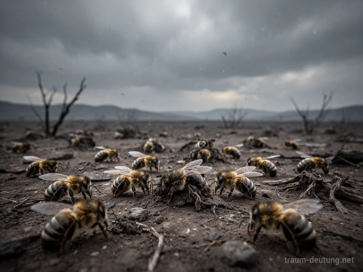 Verwelkte Bienen liegen auf trockenem Boden unter einem grauen Himmel.