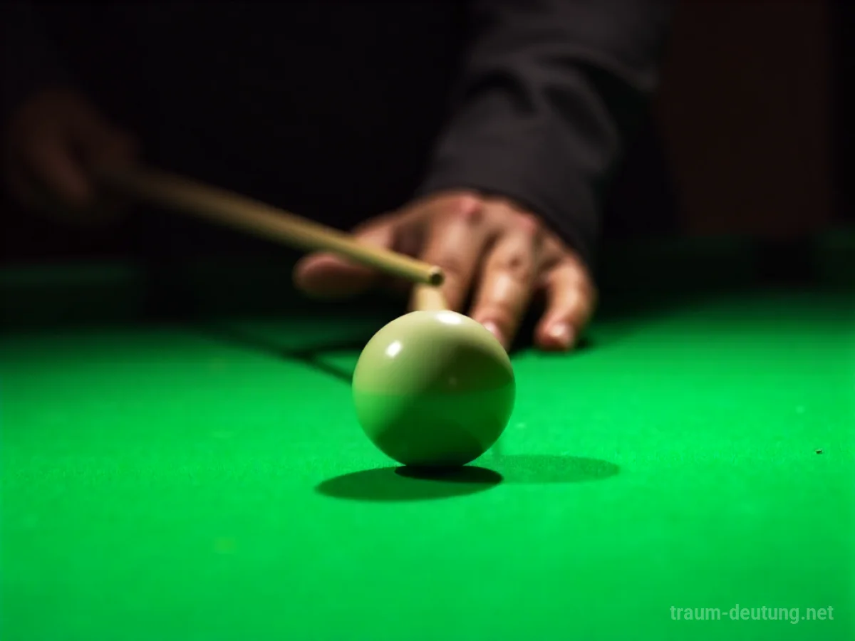Hand mit Billardqueue zielt auf Billardkugel auf einem grünen Tisch