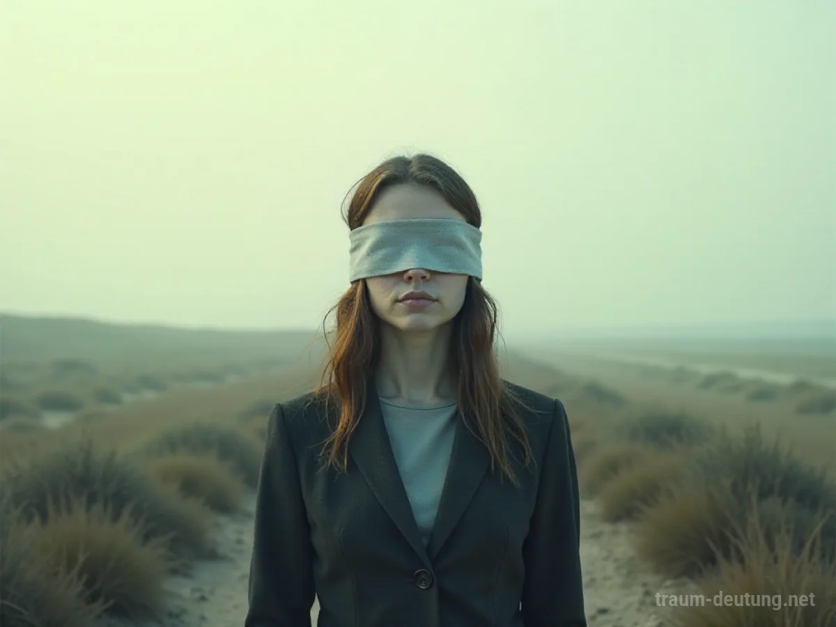 Eine Person mit verbundenen Augen steht verloren in einer nebligen, weiten Landschaft.