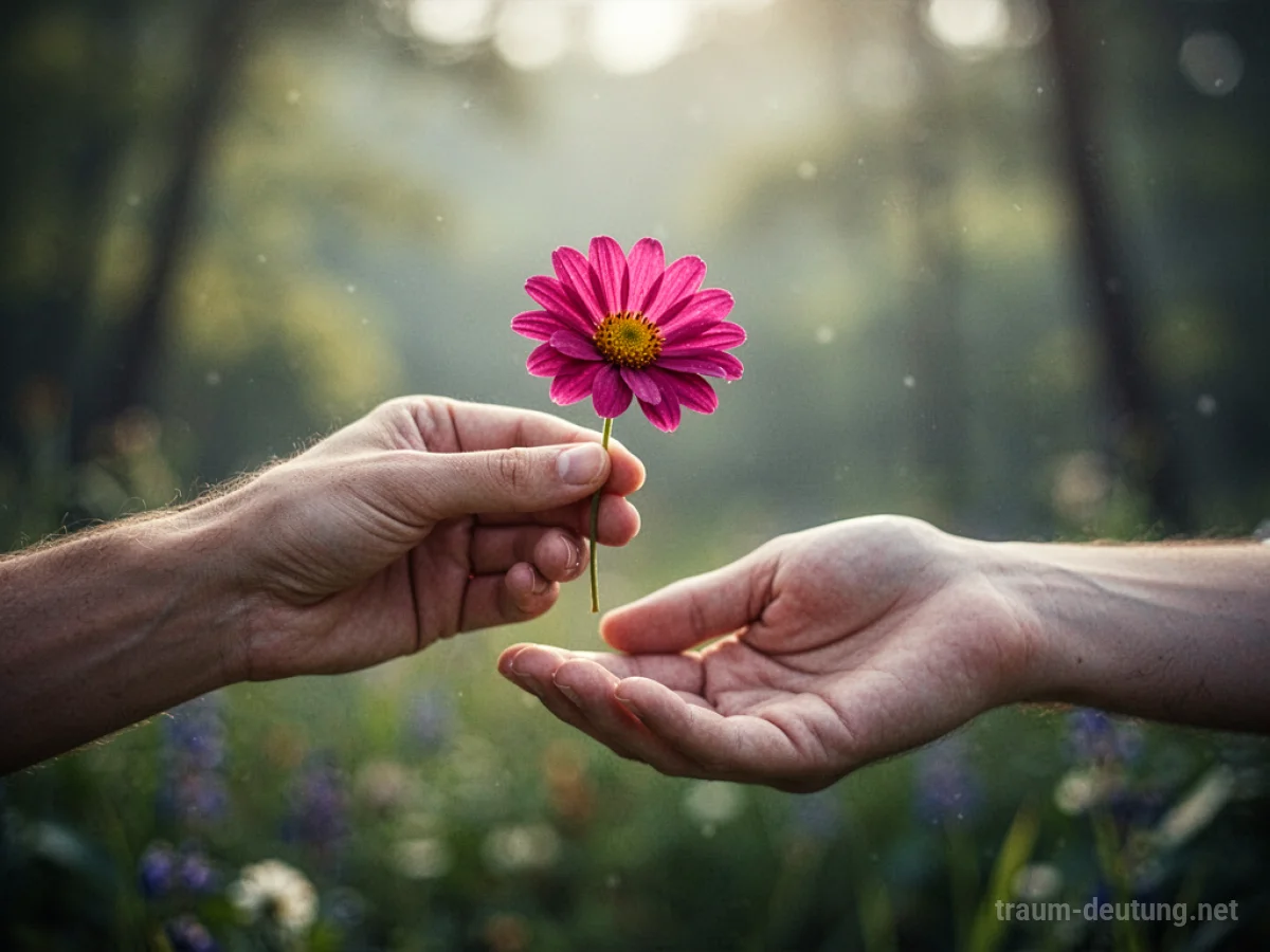 Eine Hand reicht eine einzelne, leuchtende Blume als Geschenk.