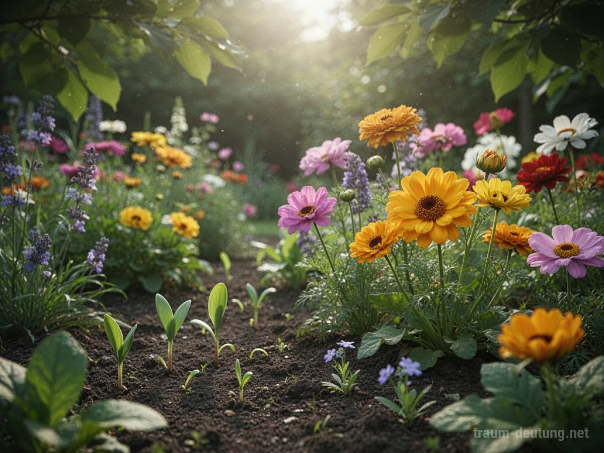 Garten mit Blumen in verschiedenen Wachstumsstadien unter sanfter Sonne