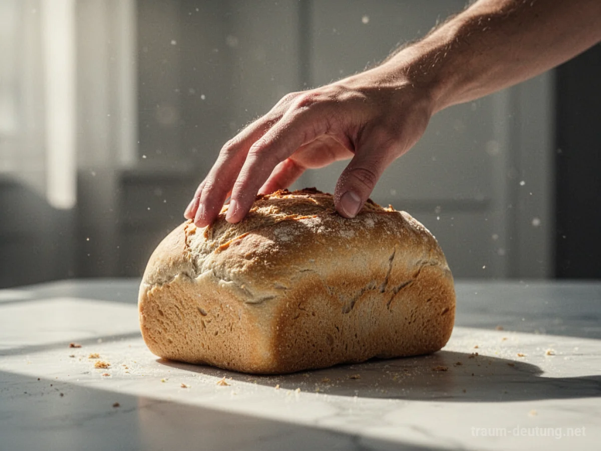 Hand greift nach einem Brotlaib auf einer hellen Oberfläche.