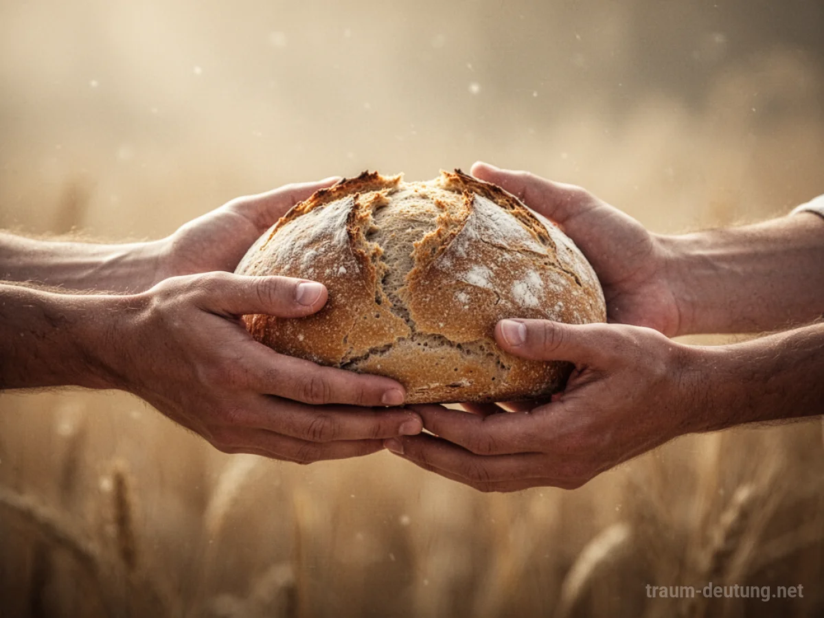 Hände reichen ein Brot an andere Hände weiter.