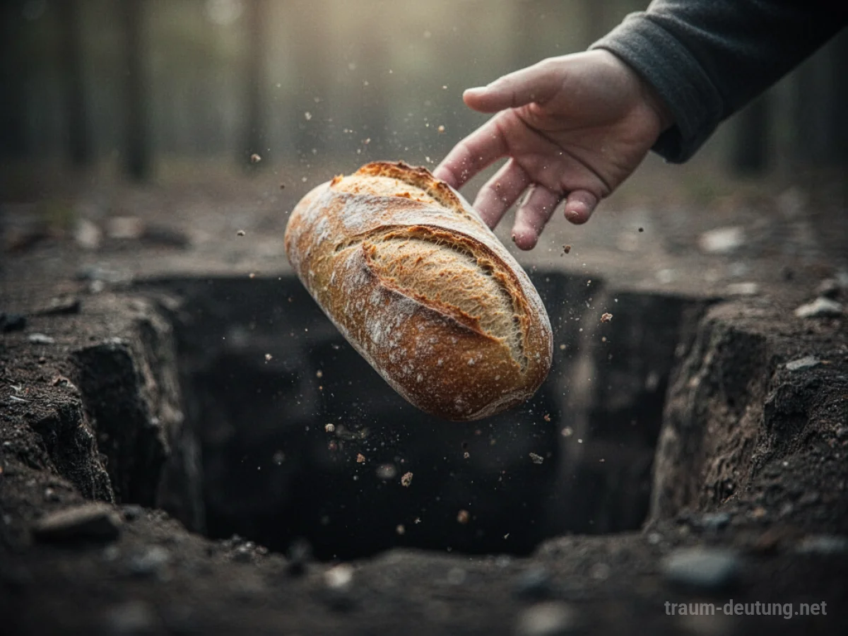 Ein Brot fällt aus der Hand in einen dunklen Abgrund.
