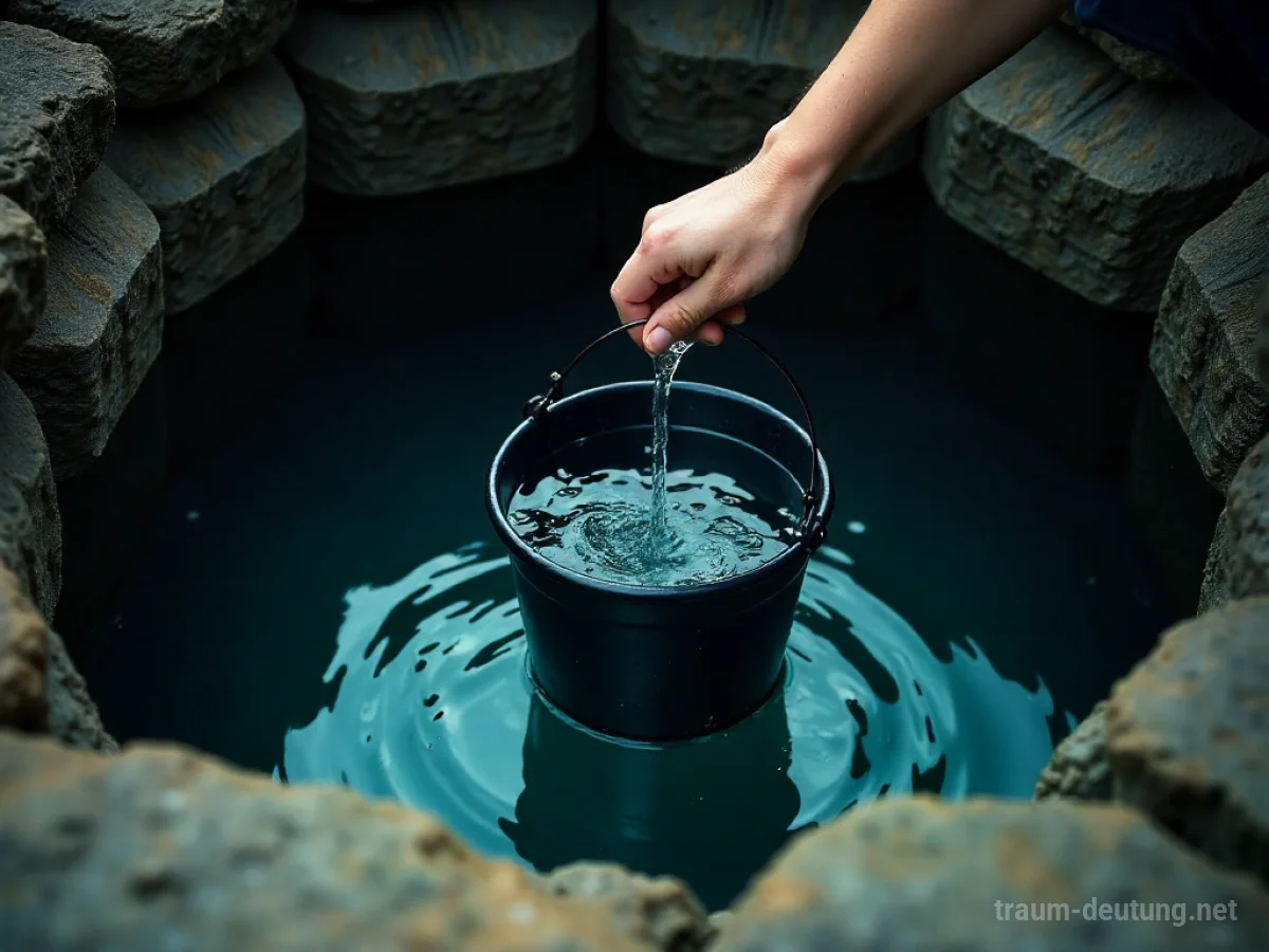 Hand schöpft klares Wasser aus einem tiefen Brunnen.