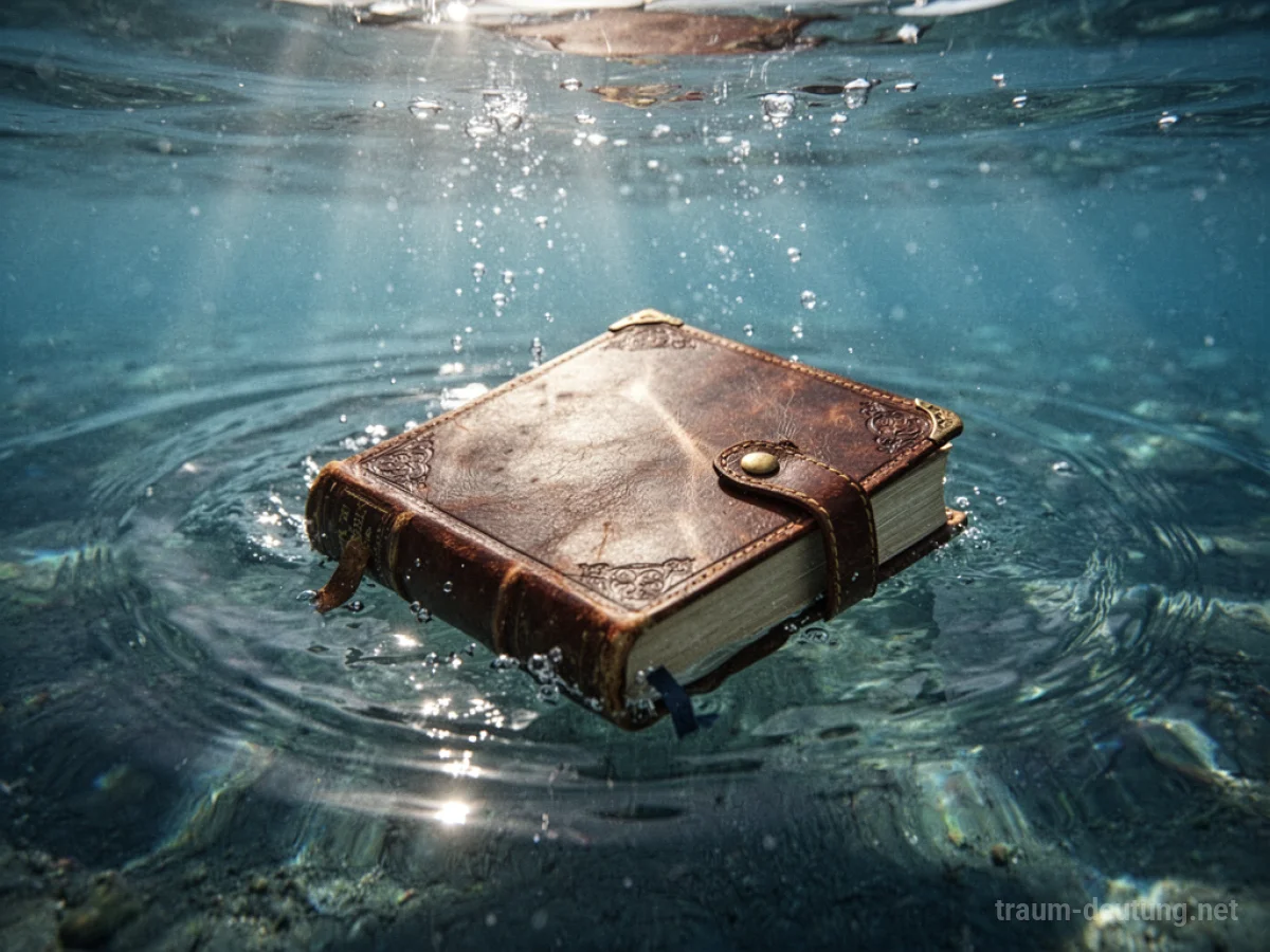 Ein Buch versinkt langsam im Wasser, Wellen breiten sich aus.