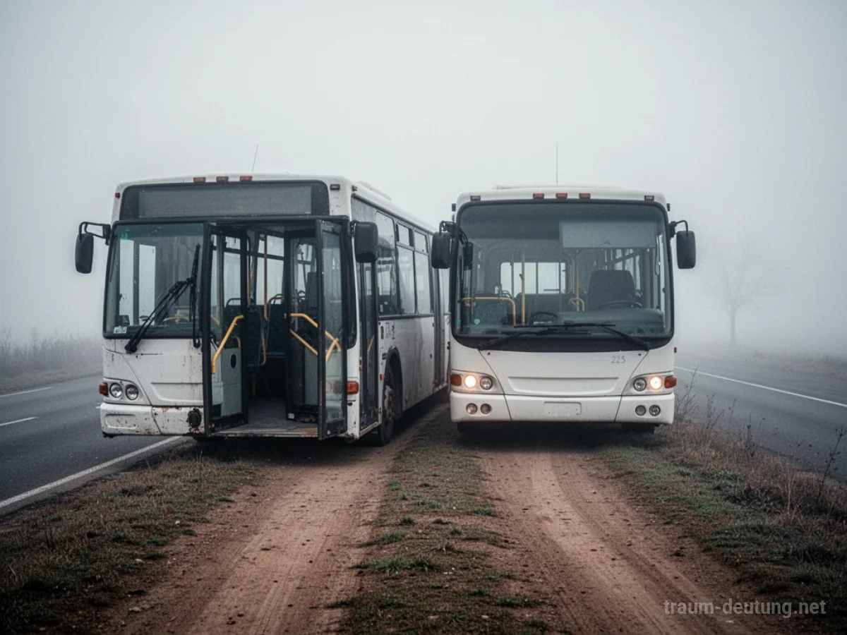Ein Bus steht auf einem Feldweg statt an einer Haltestelle im Nebel.