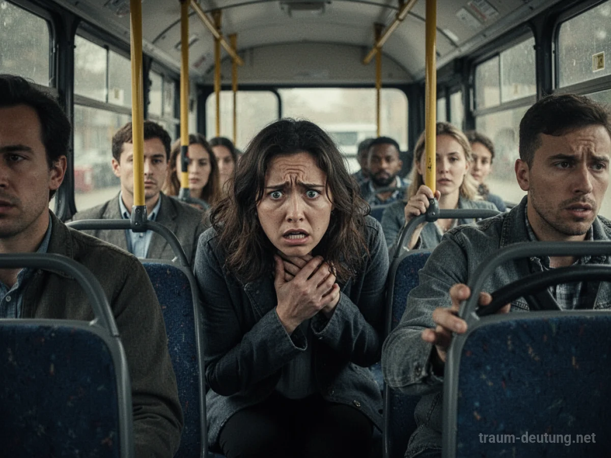 Eine Person versteckt sich nervös im Bus, um nicht entdeckt zu werden.