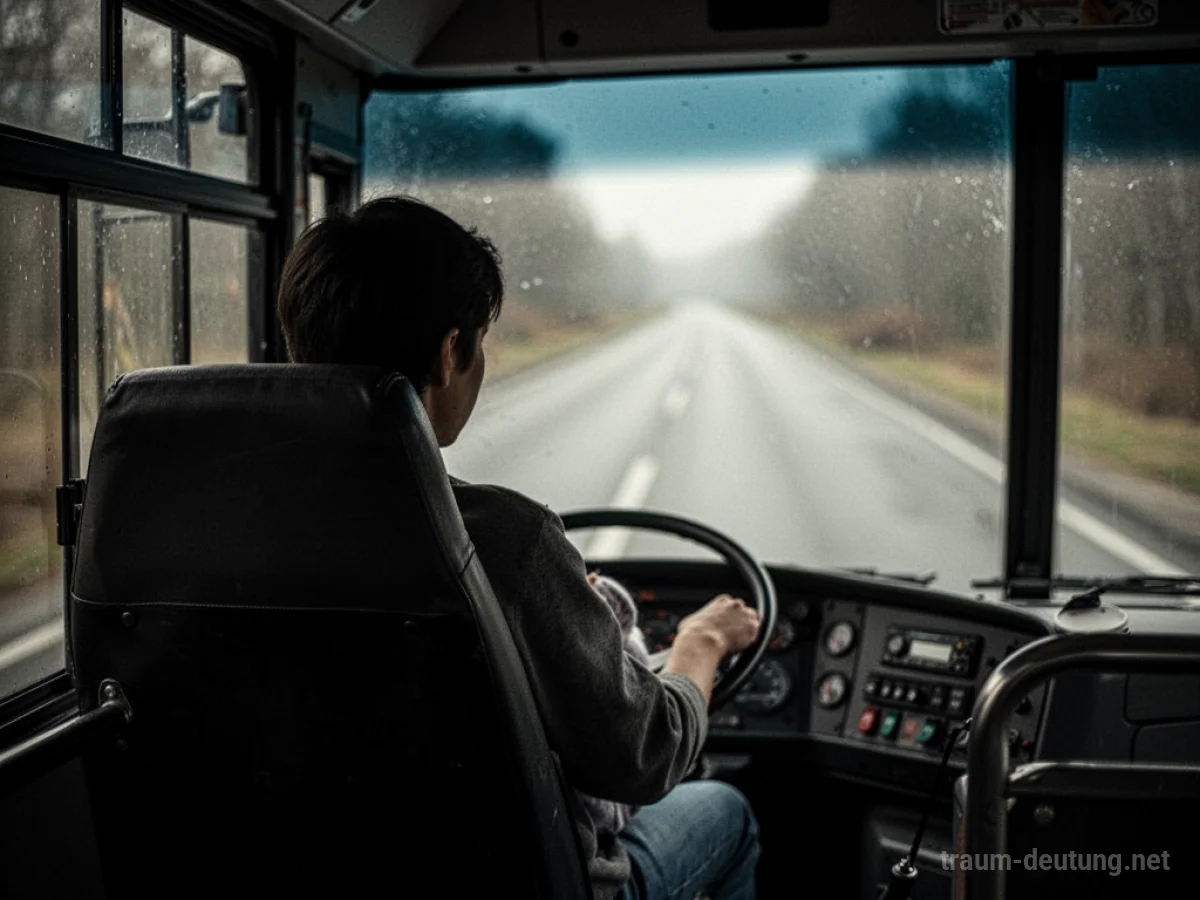 Person mit schattiertem Gesicht im Fahrersitz eines Busses, unsichere Straße vor ihm.