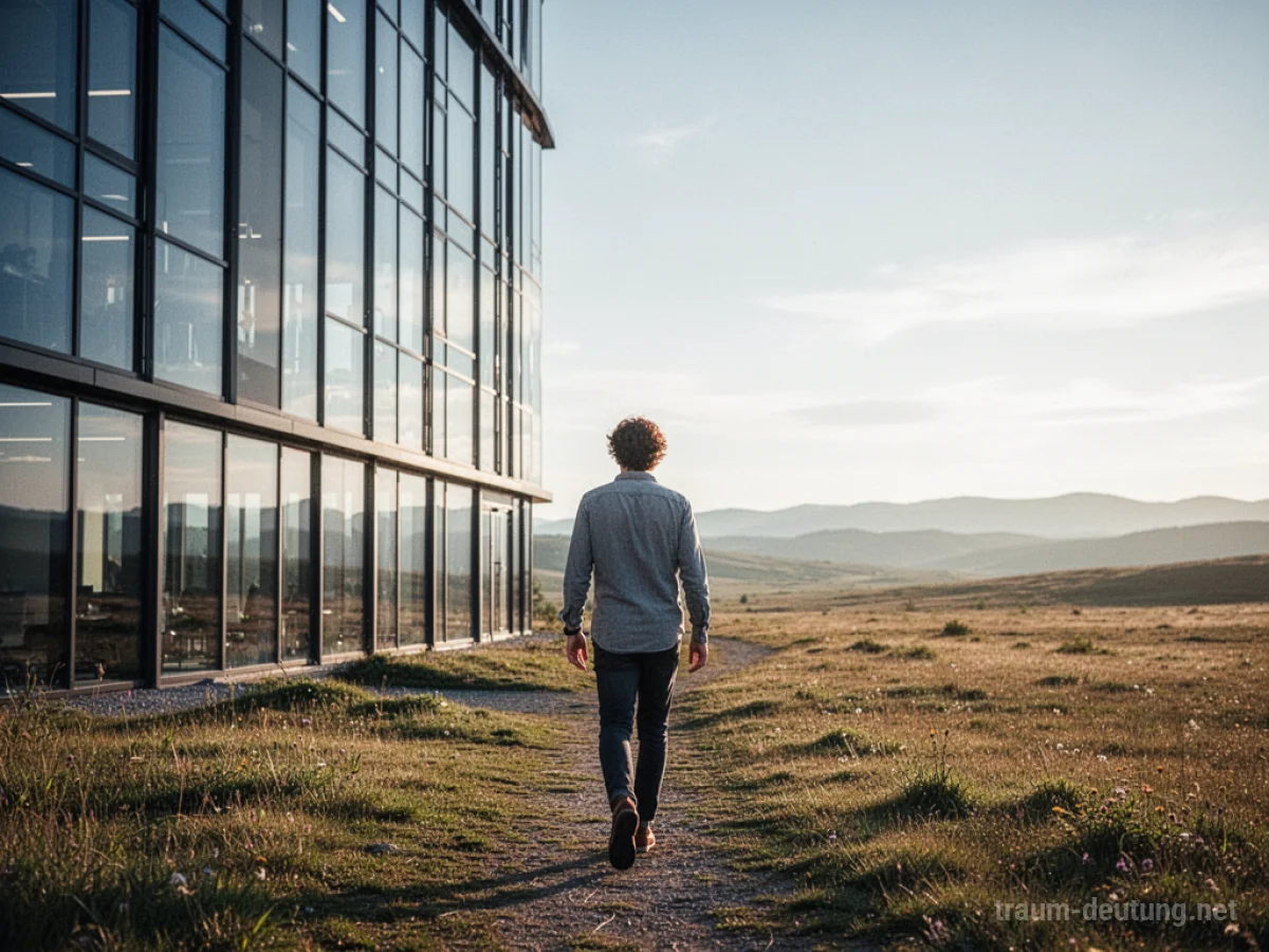 Person verlässt Bürogebäude und geht in eine helle Landschaft.
