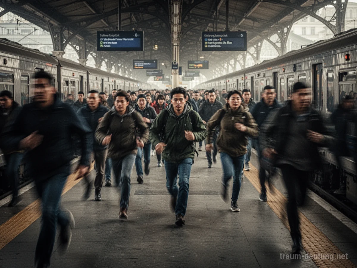 Ein überfüllter Bahnhof mit vielen eilenden Menschen im Morgengrauen.