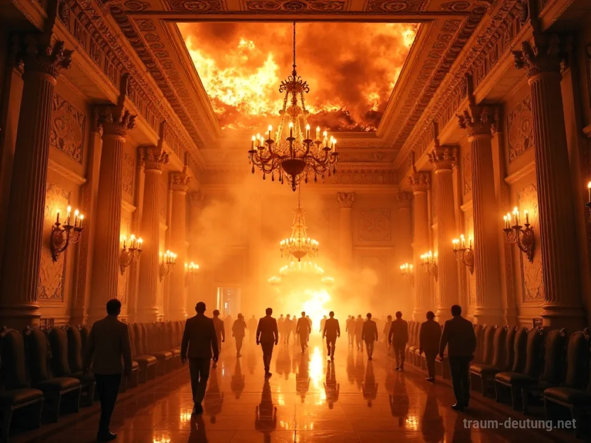 Ein großer, prunkvoller Ballsaal steht in Flammen, Menschen fliehen in Panik.