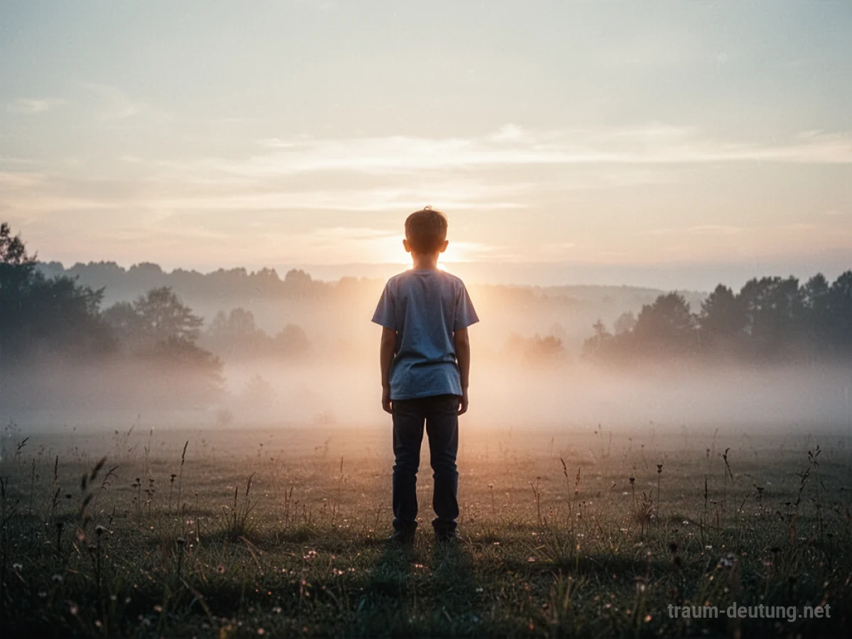 Silhouette eines Bruders, der in sanftem Licht in einer nebligen Landschaft steht.