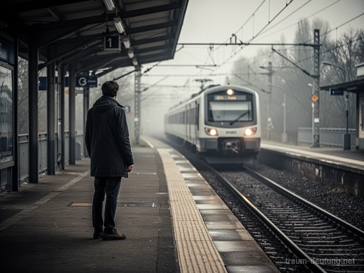 Eine Person steht allein auf einem Bahnhof und sieht einem abfahrenden Zug nach.
