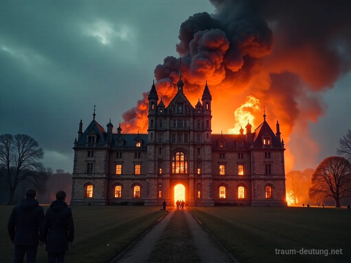 Ein großes Bauwerk steht in Flammen unter einem dunklen Himmel.