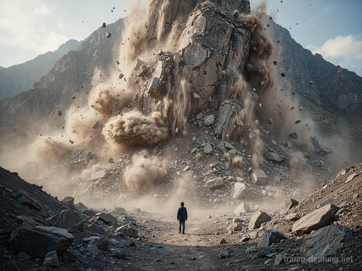 Ein großer Berg stürzt in sich zusammen, Staub und Geröll wirbeln auf.