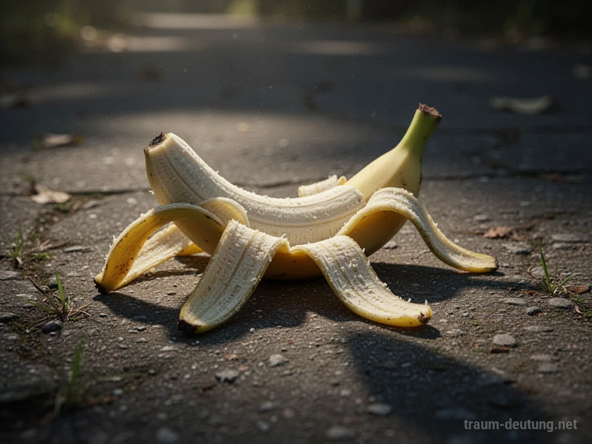 Eine einzelne Bananenschale liegt auf dem Boden, überschattet.