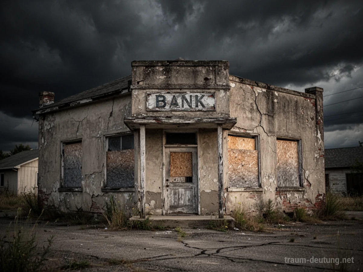 Eine verlassene Bank mit beschädigten Mauern und einem düsteren Himmel