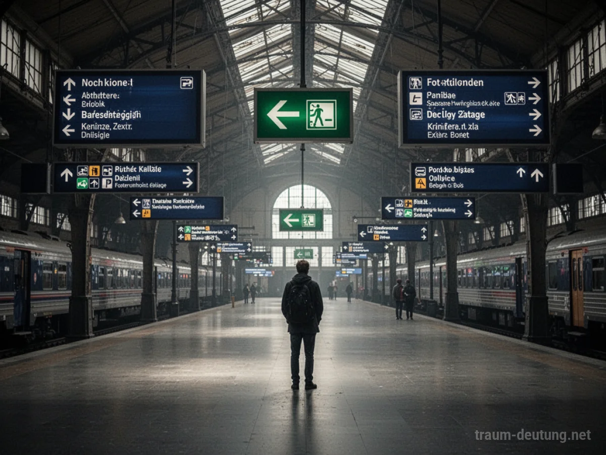 Person sucht verzweifelt den Ausgang in einem großen, unübersichtlichen Bahnhof.