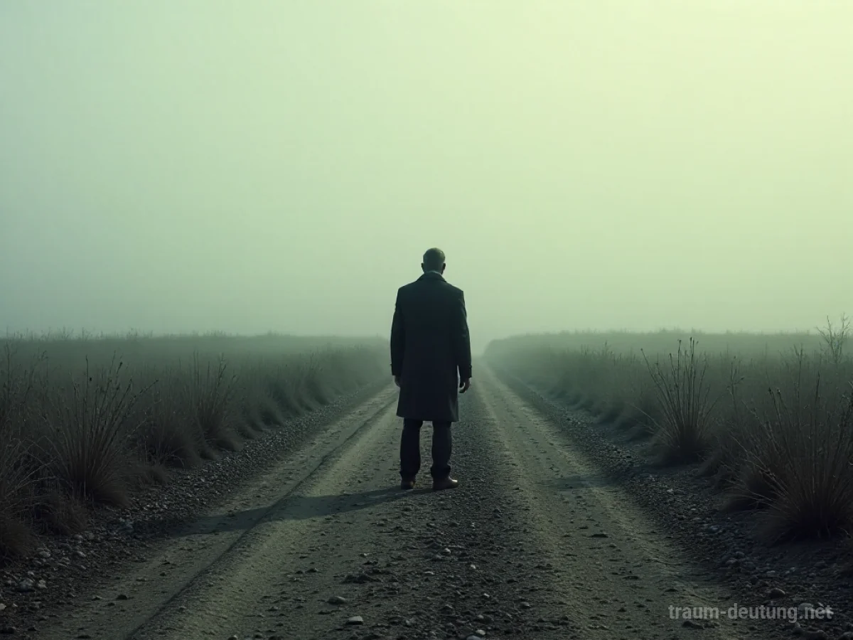 Silhouette einer Person auf einem trockenen, rissigen Weg, die in eine neblige Ferne blickt.