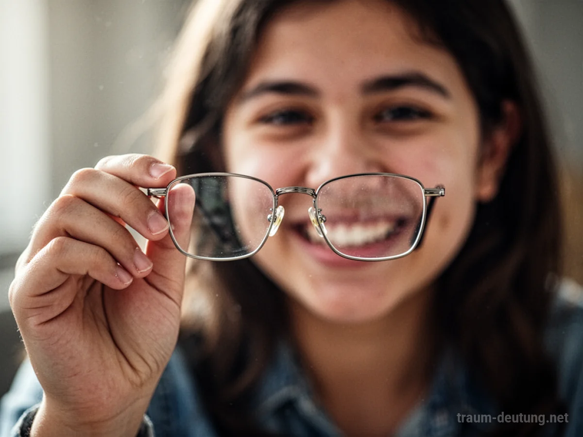 Hand hält eine Brille, die auf ein freundliches Gesicht zeigt.