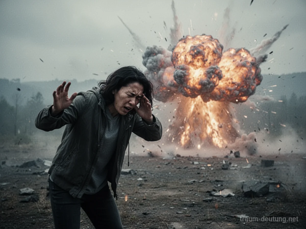 Symbolische Darstellung einer Person, die sich von einer Explosion abwendet.
