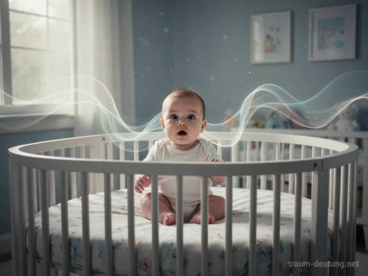 Ein Baby im Kinderbett blickt nachdenklich, als würde es sprechen.