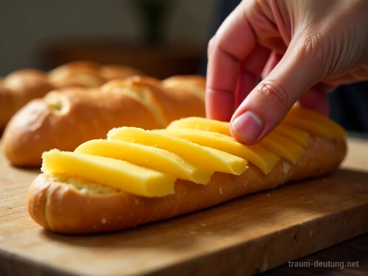 Hand belegt Baguette mit Käsescheiben in einer Küche.