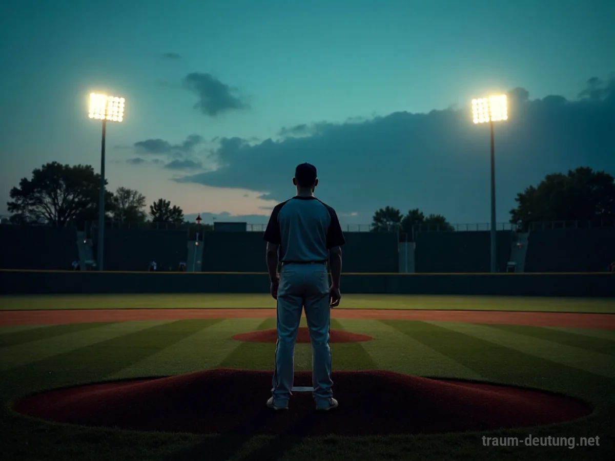Ein Baseballspieler steht allein auf einem dunklen Spielfeld.
