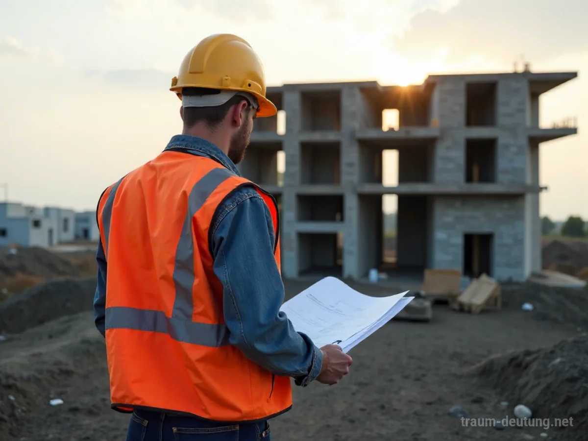 Bauarbeiter mit Helm und Weste auf Baustelle mit Bauplänen