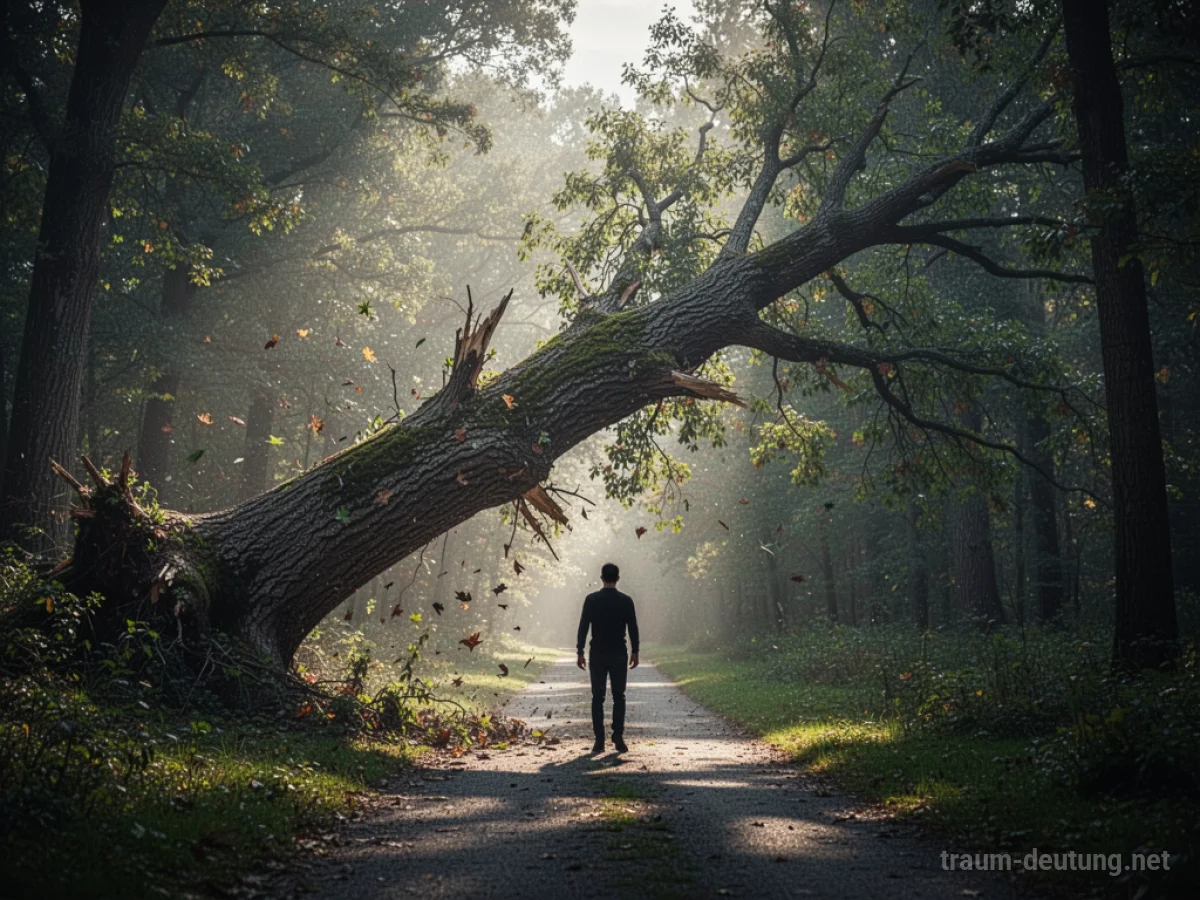Ein großer Baum stürzt auf eine Silhouette eines Menschen zu.