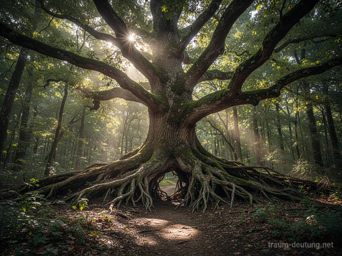 Ein großer Baum versperrt einen Waldweg und blockiert die Sicht nach vorne.
