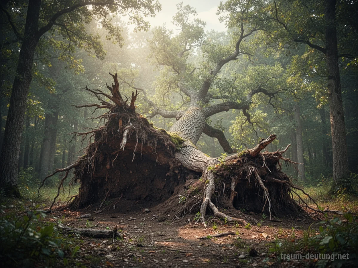 Ein entwurzelter Baum liegt auf dem Waldboden, Wurzeln nach oben