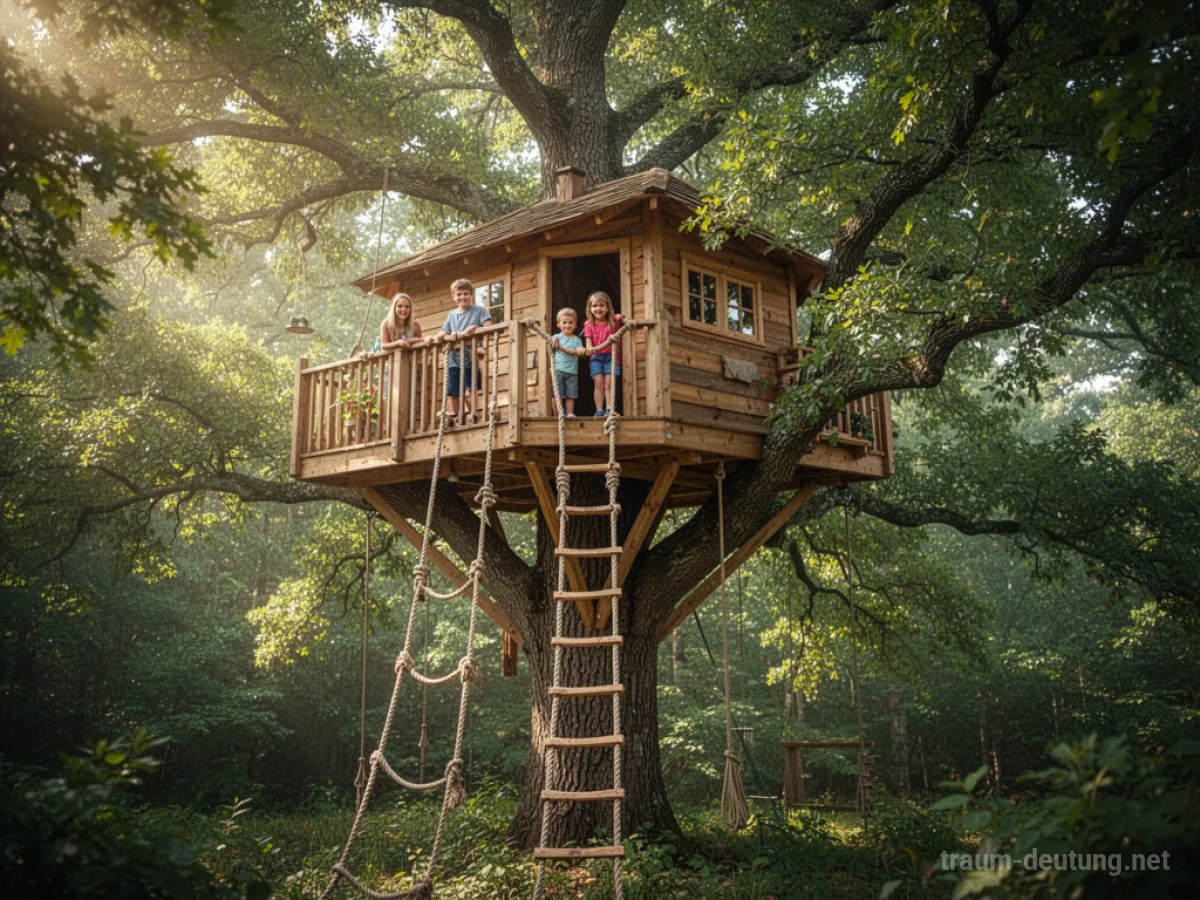 Ein stabiles Baumhaus in einem grünen Baum mit Sonnenschein.