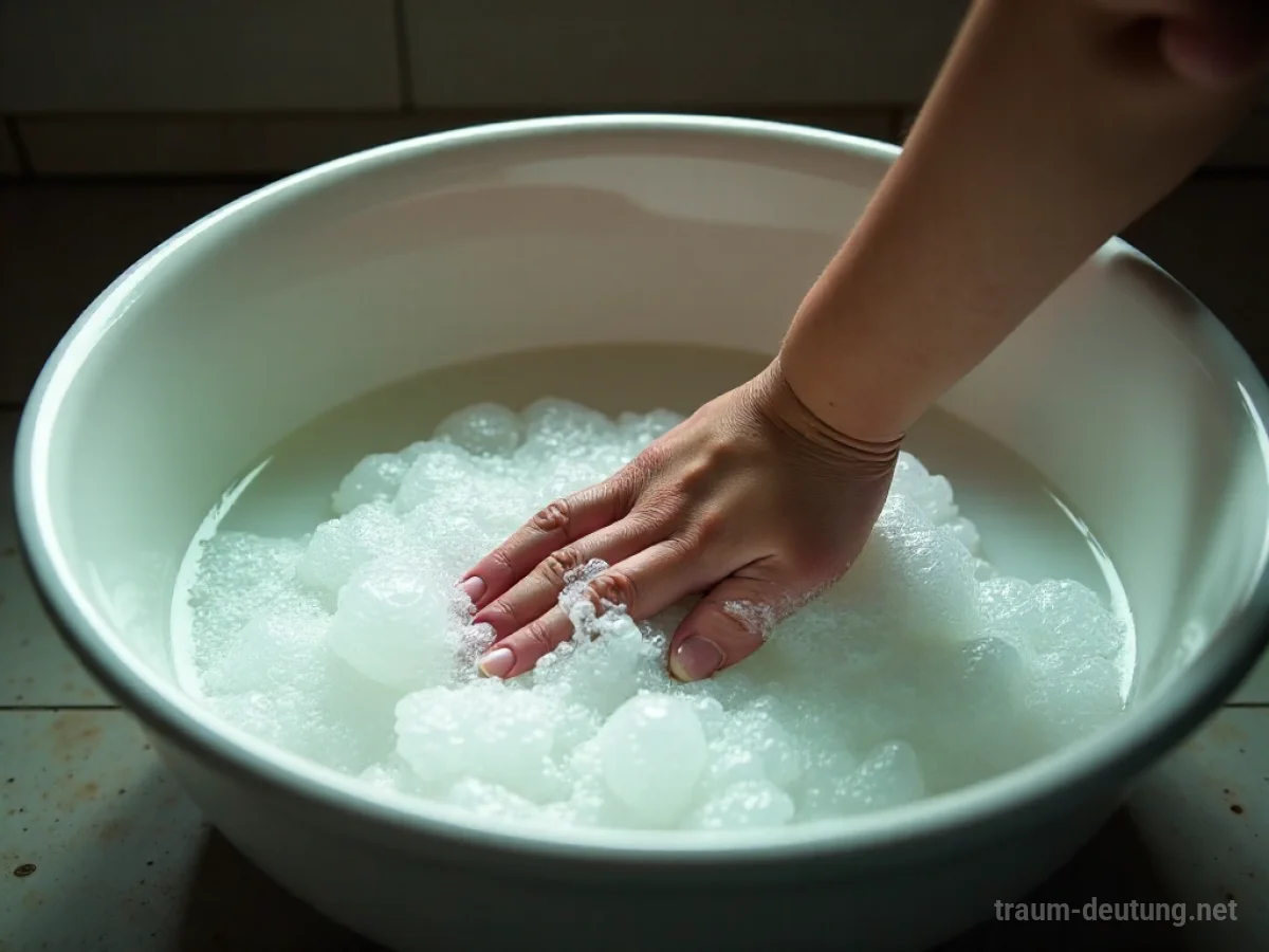 Hand reinigt ein leeres Becken mit Wasser und Seife