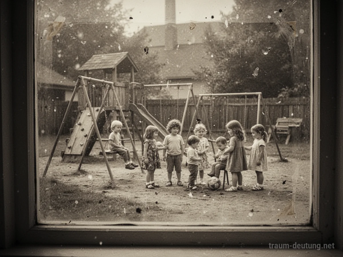 Verblasste Fotografie einer Kindheitsszene, durch ein staubiges Fenster betrachtet