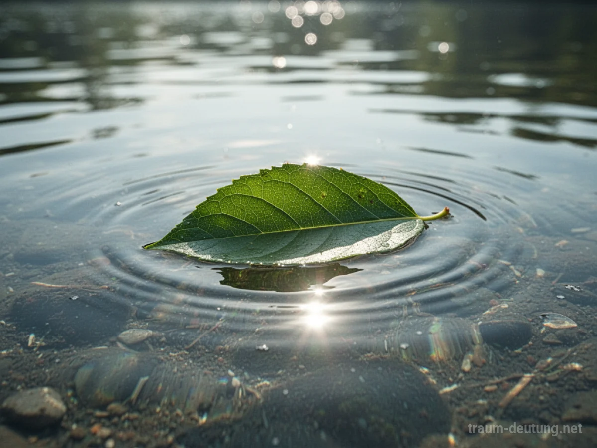 Ein grünes Blatt treibt auf ruhigem Wasser.