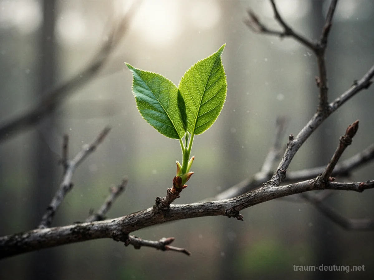 Ein einzelnes grünes Blatt wächst schnell aus einem Ast.