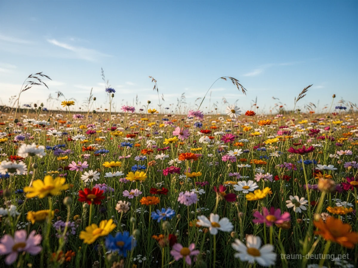 Ein weites Feld voller bunter Blumen unter blauem Himmel.