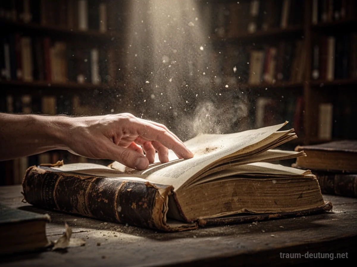 Hand blättert in einem alten Buch in einer Bibliothek