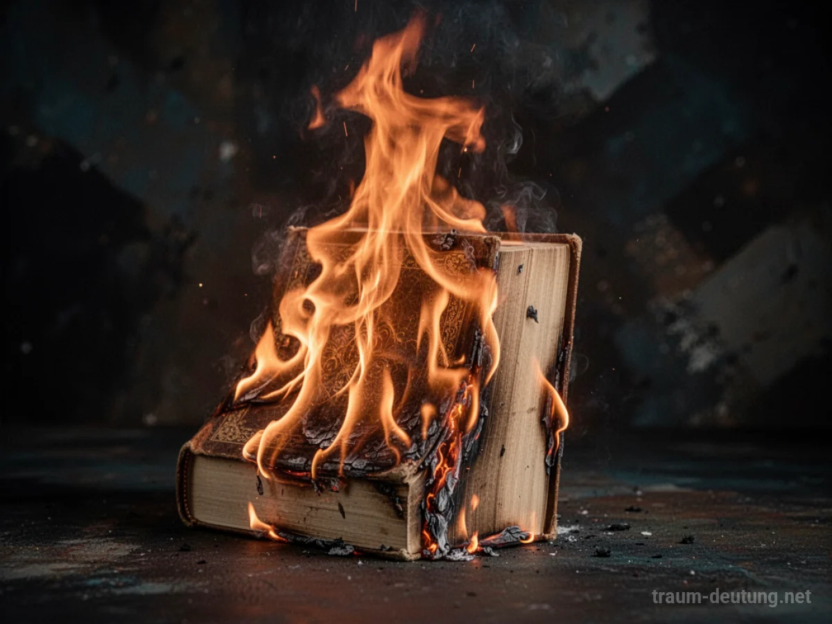 Ein Buch verbrennt in Flammen vor dunklem Hintergrund.