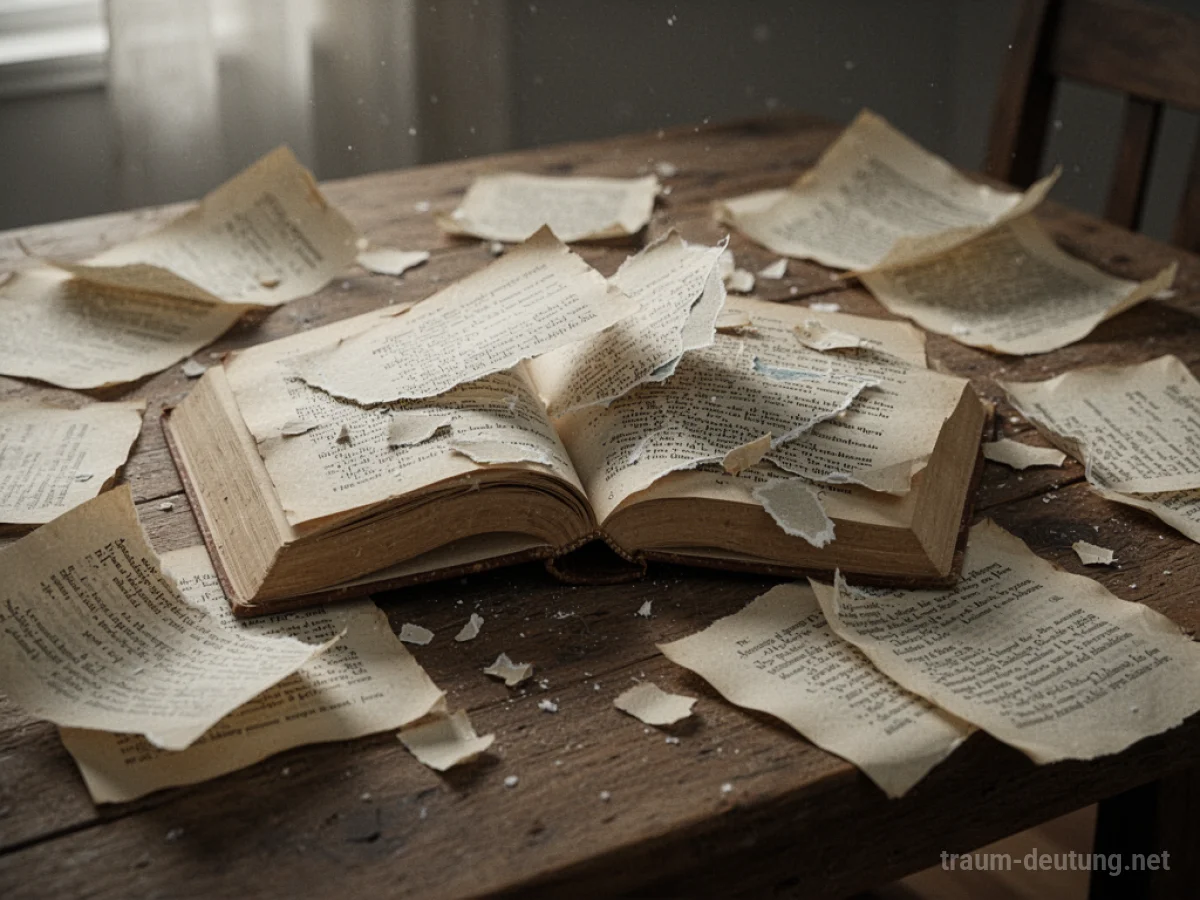 Aufgeschlagenes Buch mit zerrissenen Seiten auf einem Holztisch.