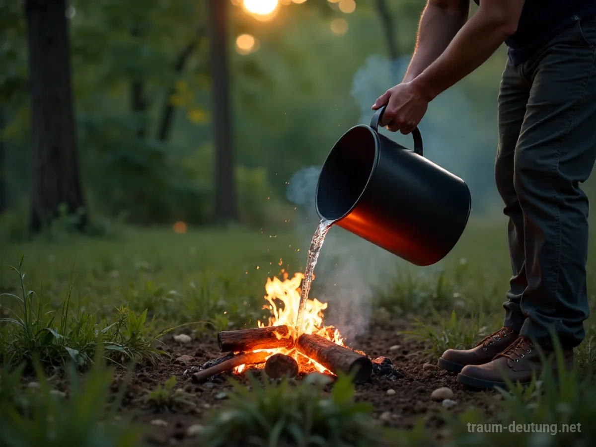 Person löscht ein kleines Feuer mit Wasser in einem dunklen Raum
