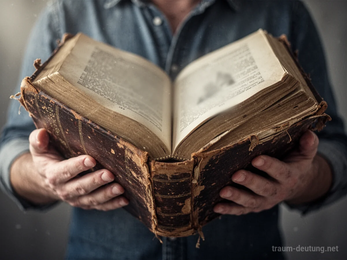 Hände halten ein schweres, altes Buch mit Lederumschlag.