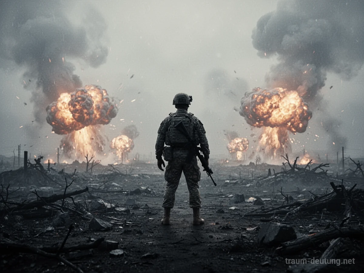 Soldat im Bombenkrieg steht auf einem zerstörten Feld.