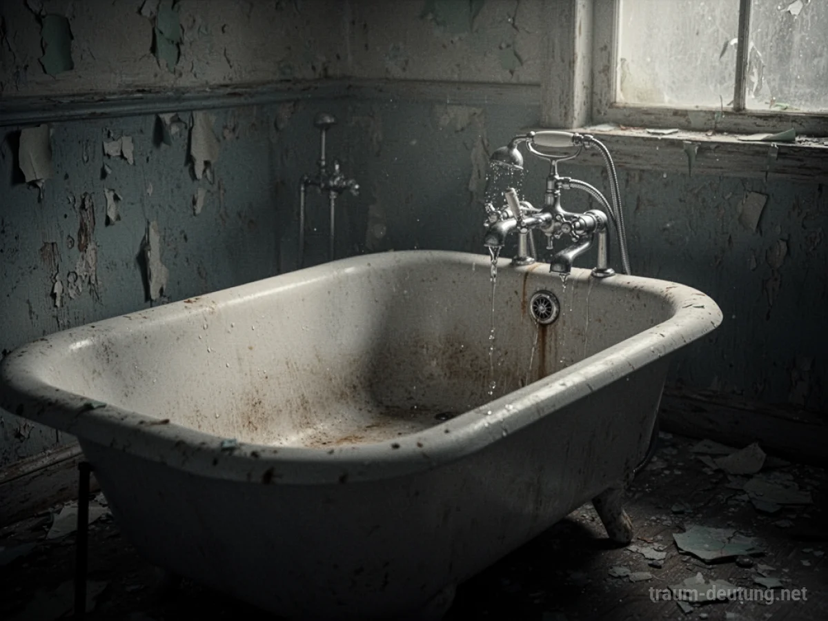 Leere Badewanne mit tropfendem Wasserhahn in einem dunklen Badezimmer